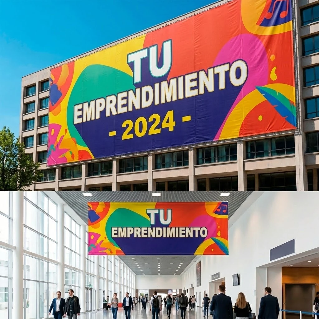 Lona publicitaria instalada en fachada